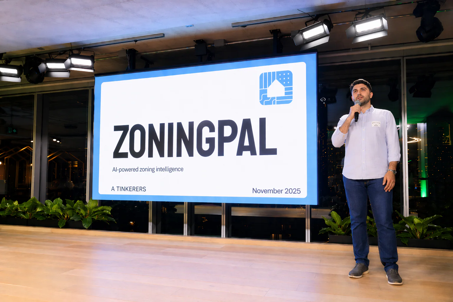 ZoningPal title slide and presenter at AI Tinkerers Toronto